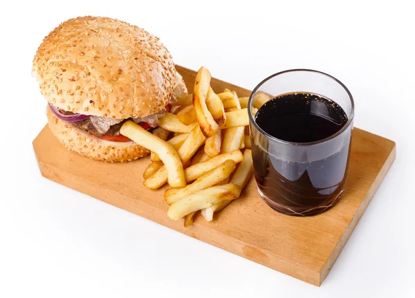 Hambúrguer, batatas fritas e coca — Fotografia de Stock