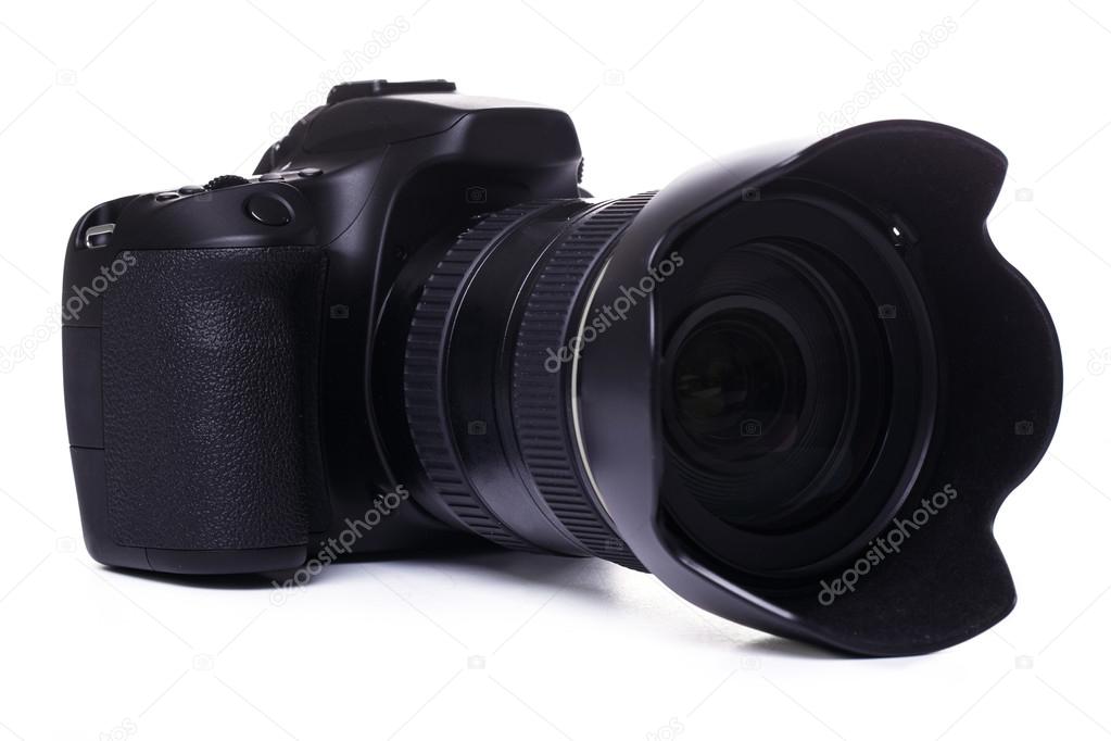 DSLR camera on white background