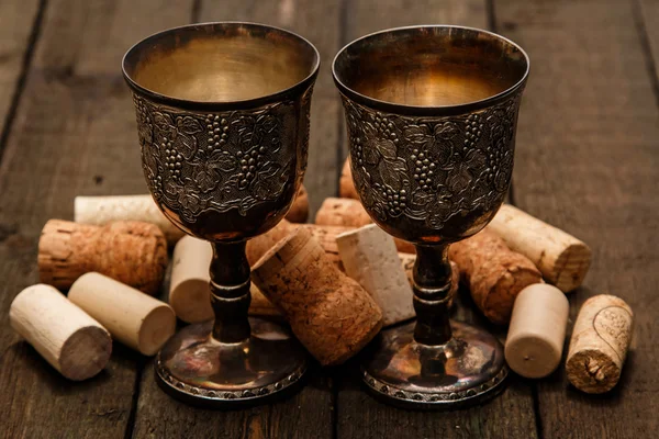 Medieval goblets and wine corks — Stock Photo, Image