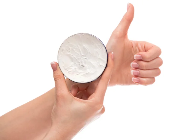 Moisturizer cream and hands — Stock Photo, Image