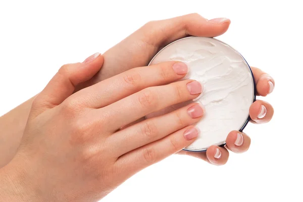 Woman applying moisturizer cream on hands — Stock Photo, Image