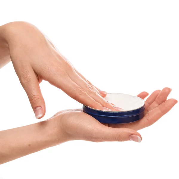 Woman applying moisturizer cream on hands — Stock Photo, Image