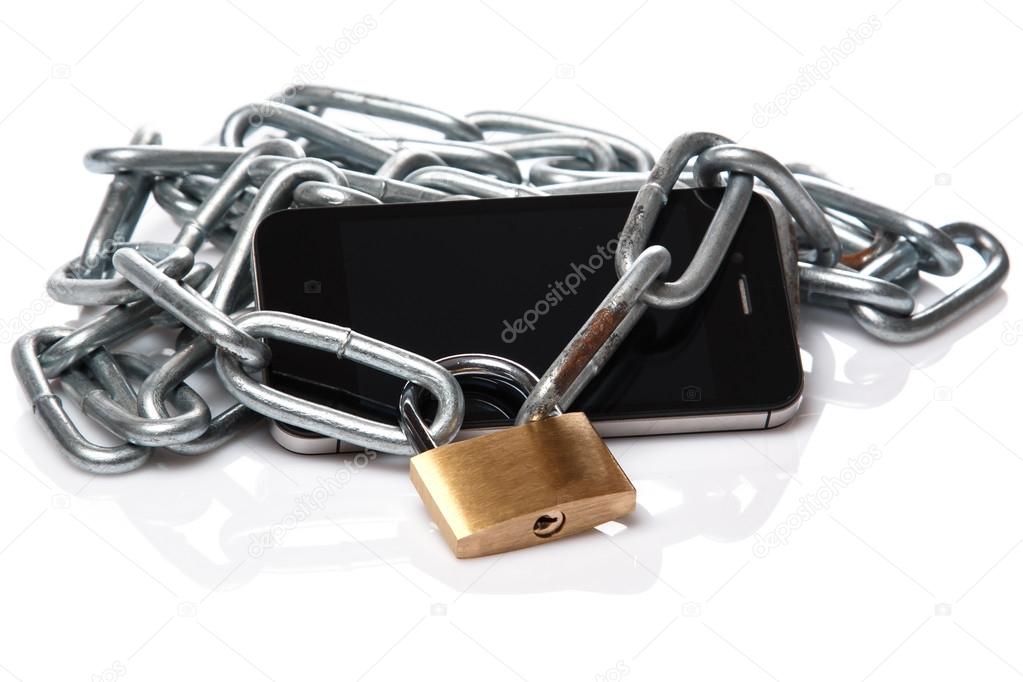 Smartphone, chain and padlock