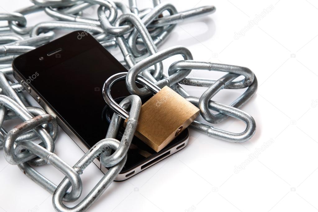 Smartphone, chain and padlock