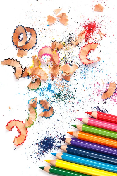 Multicolored pencils and shavings — Stock Photo, Image