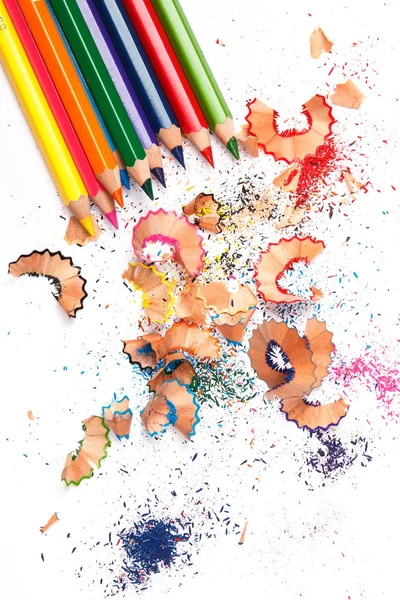 Multicolored pencils and shavings — Stock Photo, Image