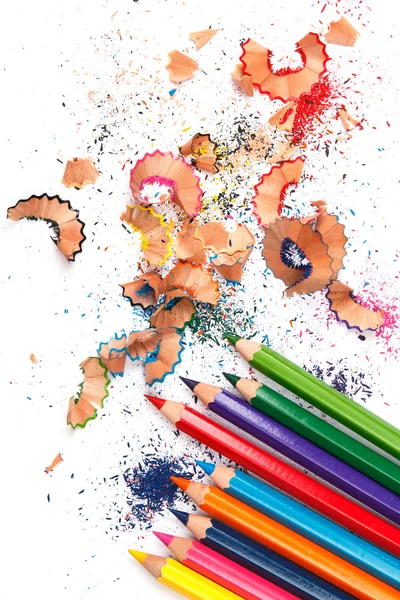 Multicolored pencils and shavings — Stock Photo, Image