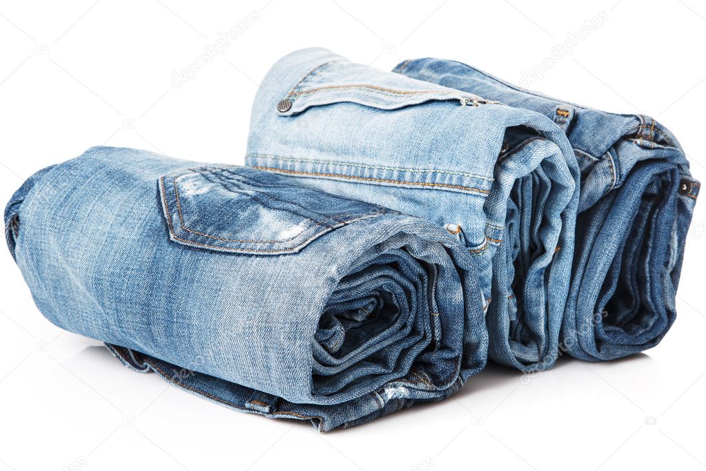 Stack of blue jeans