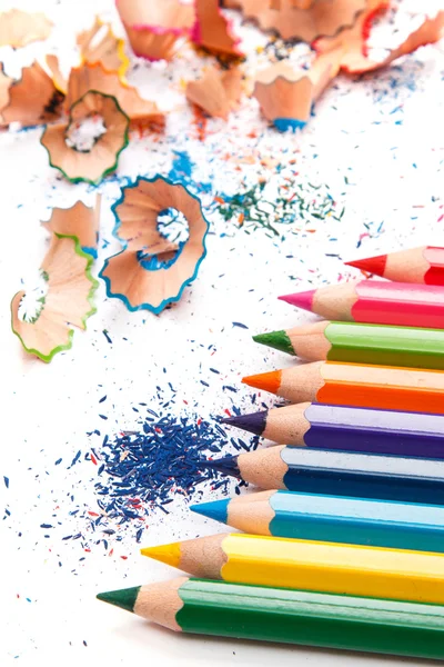 Multicolored pencils and shavings — Stock Photo, Image
