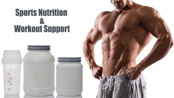 Muscular male torso and food supplements — Stock Photo, Image