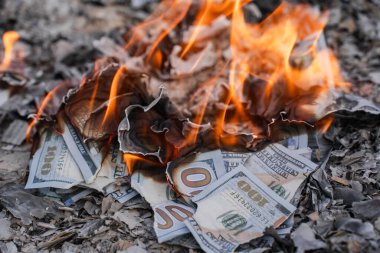 Finansal Kayıpları ve Atıkları Temsil Eden Küller Üzerine ABD Doları Faturaların Yanması.