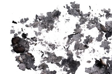 Beyaz arka plana yanmış kül ve enkaz parçaları serpiştirilmiş..