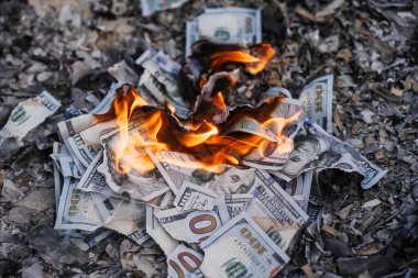 Finansal Kayıpları ve Atıkları Temsil Eden Küller Üzerine ABD Doları Faturaların Yanması.