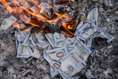 Finansal Kayıpları ve Atıkları Temsil Eden Küller Üzerine ABD Doları Faturaların Yanması.