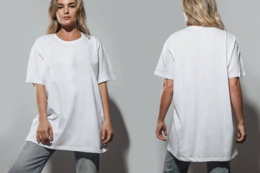 Büyük boy beyaz tişört giyen kendine güvenen bir kadın. Model için boş yeri var..