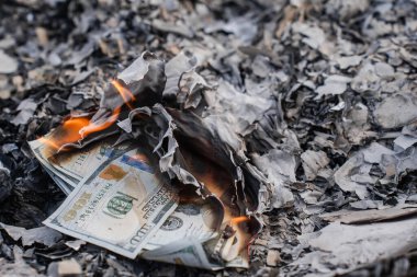 Finansal Kayıpları ve Atıkları Temsil Eden Küller Üzerine ABD Doları Faturaların Yanması.