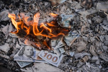 Finansal Kayıpları ve Atıkları Temsil Eden Küller Üzerine ABD Doları Faturaların Yanması.