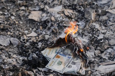 Finansal Kayıpları ve Atıkları Temsil Eden Küller Üzerine ABD Doları Faturaların Yanması.