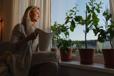 Sabah Işığında Pencere kenarındaki Kapalı Çiçekleri Sulayan Kadın.