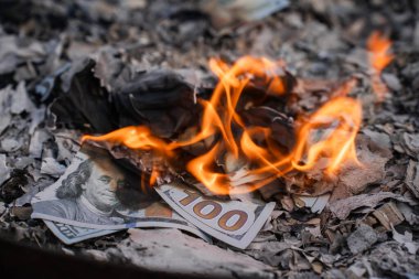 Finansal Kayıpları ve Atıkları Temsil Eden Küller Üzerine ABD Doları Faturaların Yanması.