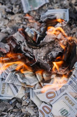 Finansal Kayıpları ve Atıkları Temsil Eden Küller Üzerine ABD Doları Faturaların Yanması.