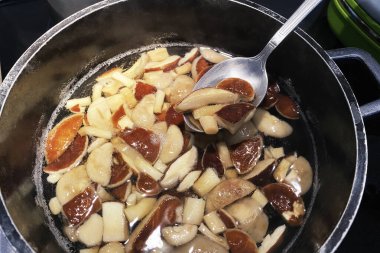 Xerocomus badius mantarları siyah bir tencerede kaynatılır. Mantar çorbası ocakta pişirilir..