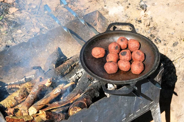 Falafel Cozinhar Uma Panela Livre Cultura Médio Oriente Fogo Madeira — Fotografia de Stock