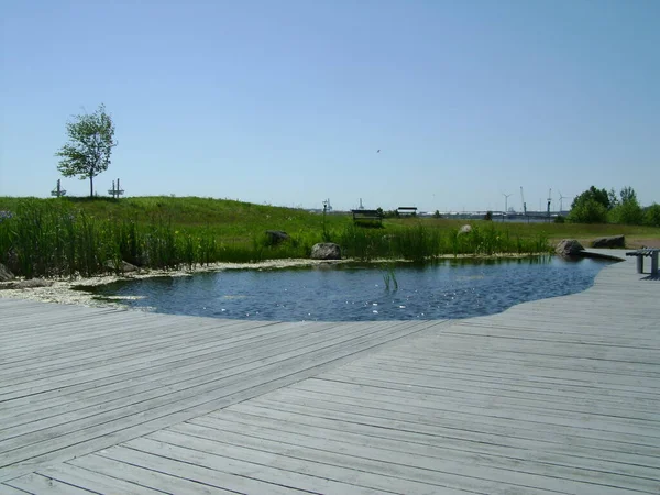 Träbro Över Dammen Kullar Parken Kotka Finland — Stockfoto