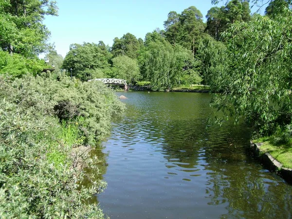 公園内の池と緑の木の眺めコッカ フィンランド — ストック写真