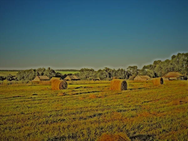 Campo Cortado Fardos Feno Aldeia Céu — Fotografia de Stock