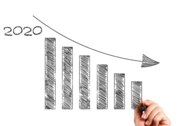 2020 aşağı. Grafiğin düşen çubukları, bir ok aşağıda, ekonominin çöküşünü sembolize ediyor.