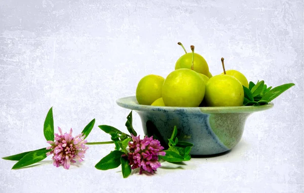 Mirabelles with clover — Stock Photo, Image