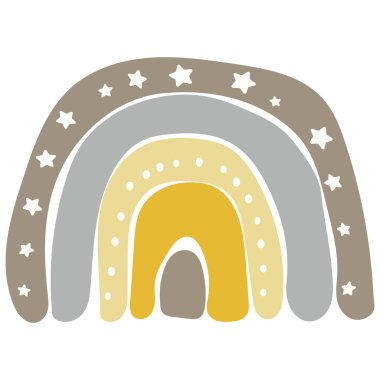 Beyaz arka planda izole edilmiş İskandinav şirin gökkuşağı. Çizgi film eğlenceli gökkuşağı. Çocuk odası tasarımı için çocukça bir çizim. Karalama el çizimi çizimi. İskandinav tasarımı.