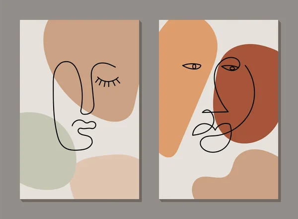 Moderne lijn kunst gezicht. Set van abstracte achtergronden met minimale vormen en lijnen. Home decor ontwerp. Lijnkunst gezichten. Hedendaags boho ontwerp. — Stockvector