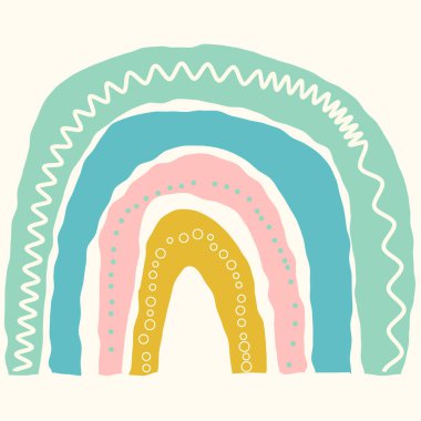 Beyaz arka planda izole edilmiş İskandinav şirin gökkuşağı. Çizgi film eğlenceli gökkuşağı. Çocuk odası tasarımı için çocukça bir çizim. Parlak karalama el çizimi çizimi.