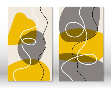 Sarı, gri renkler. Modern soyut resim. Sıvı geometrik şekiller kümesi. El yapımı suluboya efekt şekilleri. Ev dekorasyonu. Modern sanat baskısı. Çağdaş tasarım.