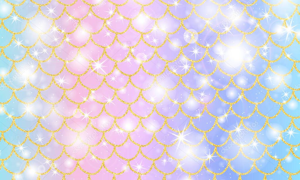 Holographic rainbow background. Gold scales. Mermaid print. Vector.