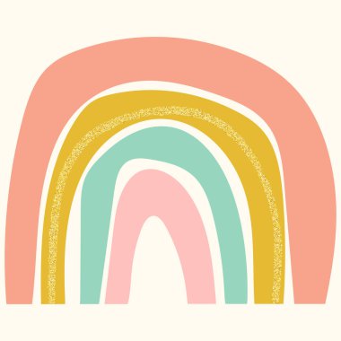 Beyaz arka planda izole edilmiş İskandinav şirin gökkuşağı. Çizgi film eğlenceli gökkuşağı. Çocuk odası tasarımı için çocukça bir çizim. Karalama el çizimi çizimi. İskandinav tasarımı.