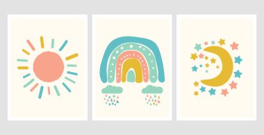 İskandinav tarzı gökkuşağı, bulut ve güneşli şirin posterler. Çocuk odası tasarımı için çocukça bir çizim. Eğlenceli karalama gökkuşağı. El çizimi çizimi. İskandinav çocuk odası tasarımı.