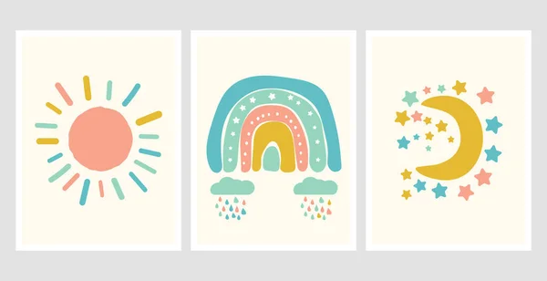 스칸디나비아 식의 귀여운 포스터 에 무지개, 구름 및 태양이 그려져 있다. 아기방 디자인을 위한 차디찬 그림. 재밌는 낙서 무지개. 손으로 그린 삽화. 스칸디나비아의 묘미 설계. — 스톡 벡터