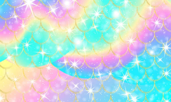 Fondo olográfico del arco iris. Balanzas de oro. Estampado de sirena. Vector. — Vector de stock