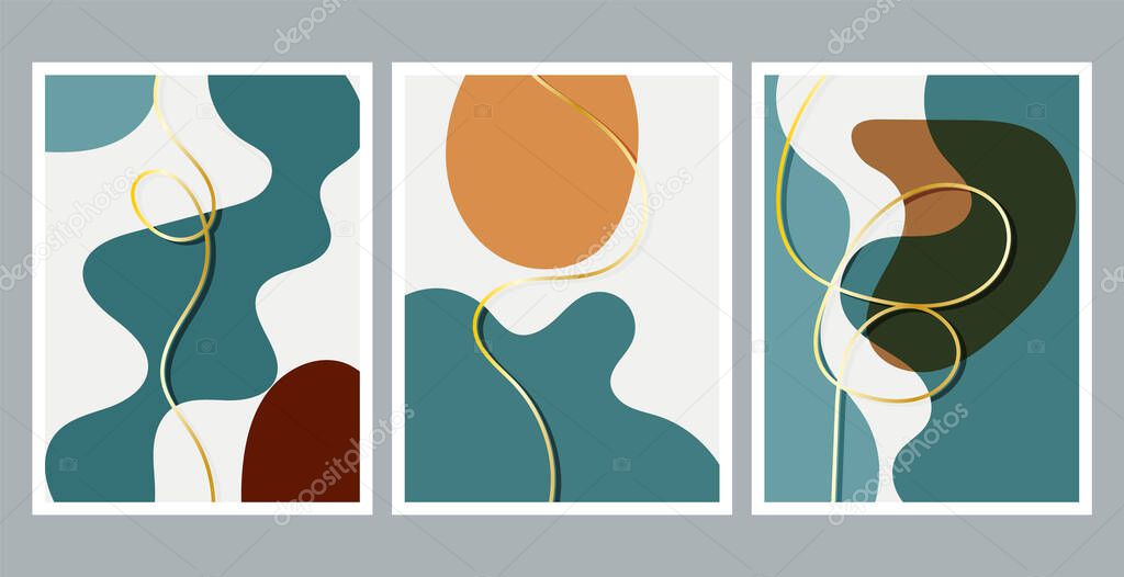Modern abstract painting. Golden lines. Set of fluid geometric shapes. Abstract hand drawn watercolor effect shapes. Home decor design. Modern art print. Contemporary design.