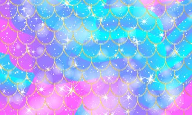 Sanal gökkuşağı arka planı. Altın pullar. Deniz kızı izi. Vektör