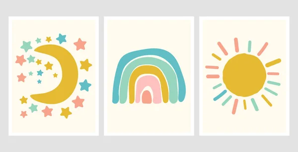 Scandinavische stijl schattige posters met regenboog, wolk en zon. Kindertekening voor kinderdagverblijf ontwerp. Leuke doodle regenboog. Handgetekende illustratie. Scandinavisch kinderdagverblijf. Stockvector