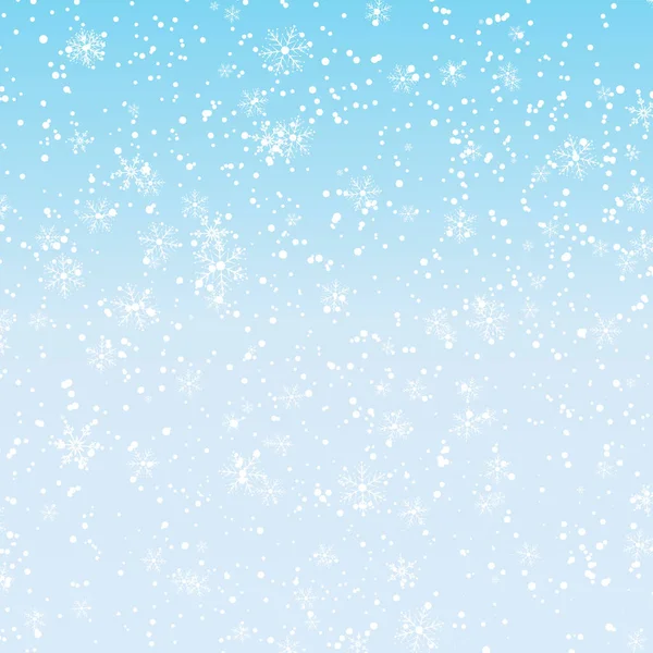 Snow background. Winter snowfall. White snowflakes on blue sky. Falling snow. — Stock Vector