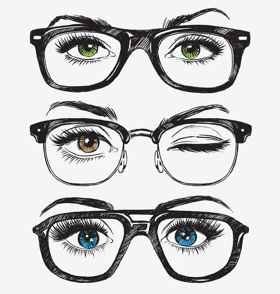 Conjunto de olhos femininos desenhados à mão com óculos hipster — Vetor de Stock
