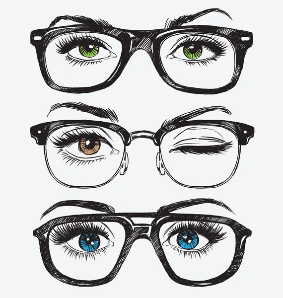 Conjunto de olhos femininos desenhados à mão com óculos hipster Vetor De Stock