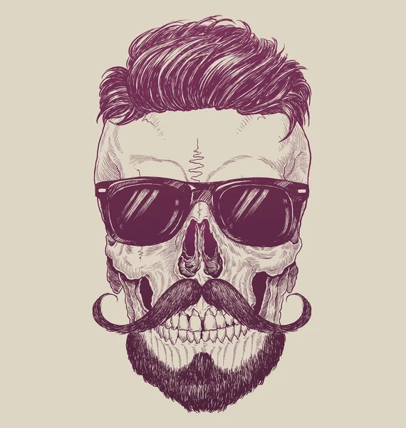 Crânio Hipster com óculos de sol, cabelo hipster e bigode Gráficos De Vetores