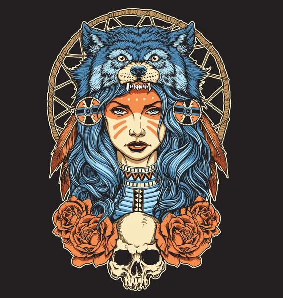 Native American girl with Wolf headdress full color Vector Graphics