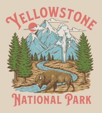 Vintage Yellowstone National Park Bison Mountain Geyser Scene clipart